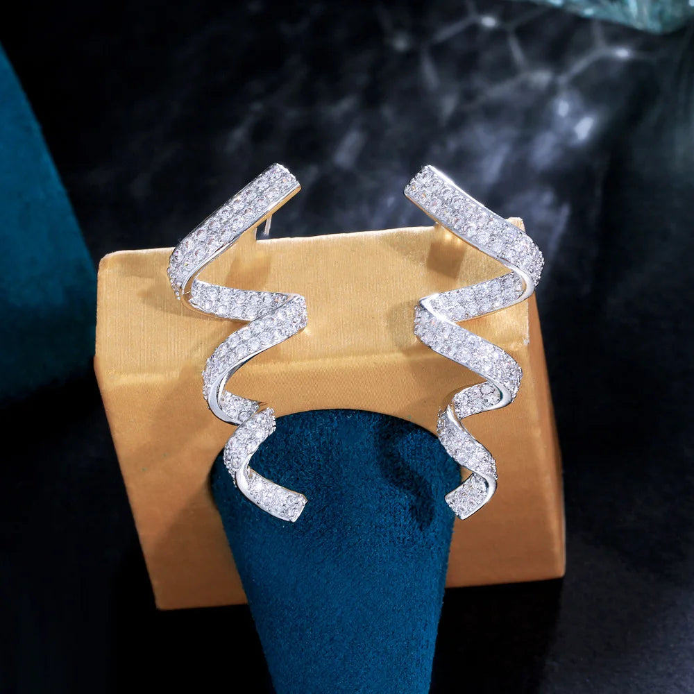 Women Chic Rhodium Plated Shiny Cubic Zirconia Micro Setting Fluttering Ribbon Drop Earrings Symmetrical Design CZ Party Jewelry