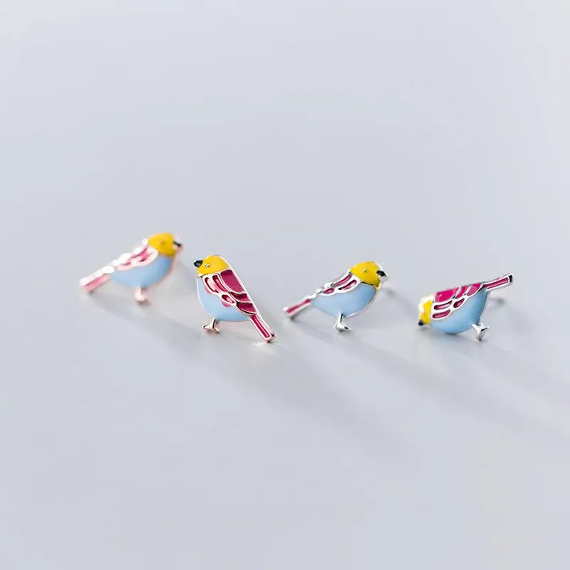 Cute Enamel Bird Shape Rose Gold Plated Small 925 Sterling Silver Ear Stud Earrings Fashion Jewelry for Women Girls