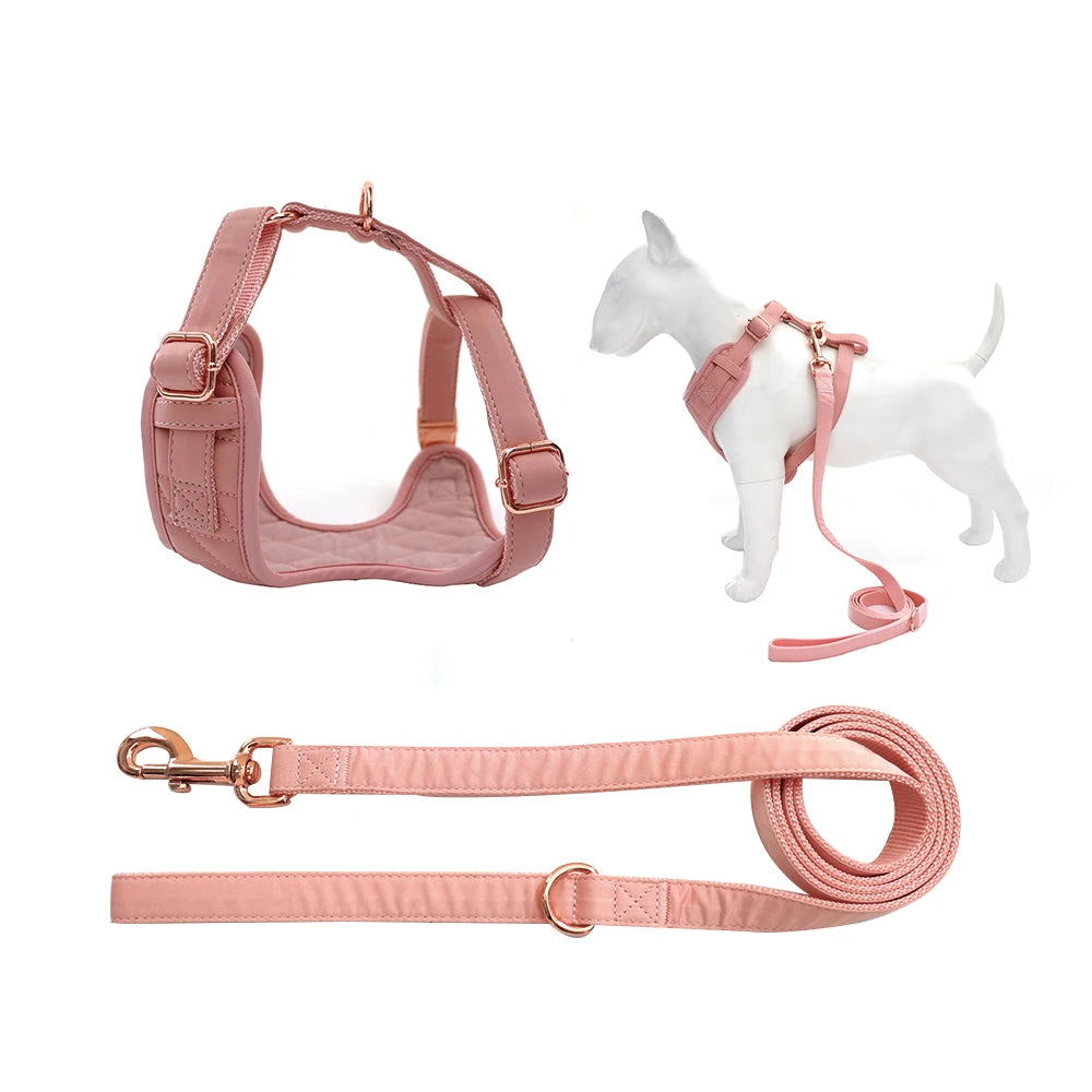 Popular Custom Logo Adjustable Luxury No Pull Pink PU Leather Pet Dog Harness Set