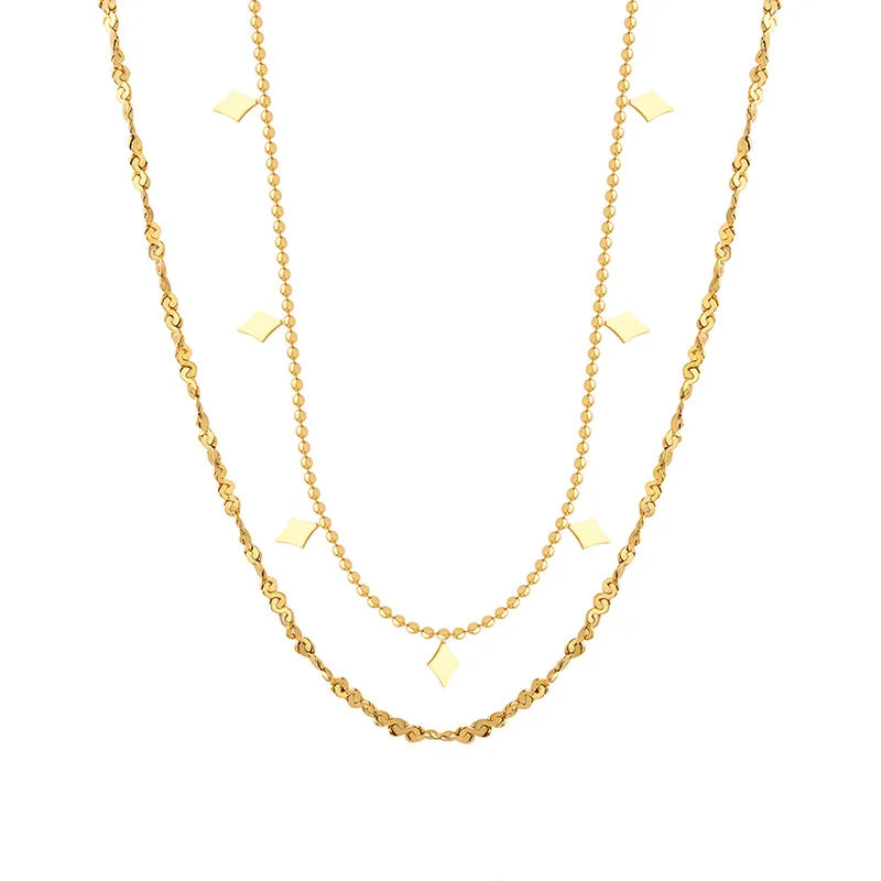 French Romantic Geometric Diamond Pendant Splice Double-layer 18K  Plated Stainless Steel Twisted Chain Necklace Jewelry Woman