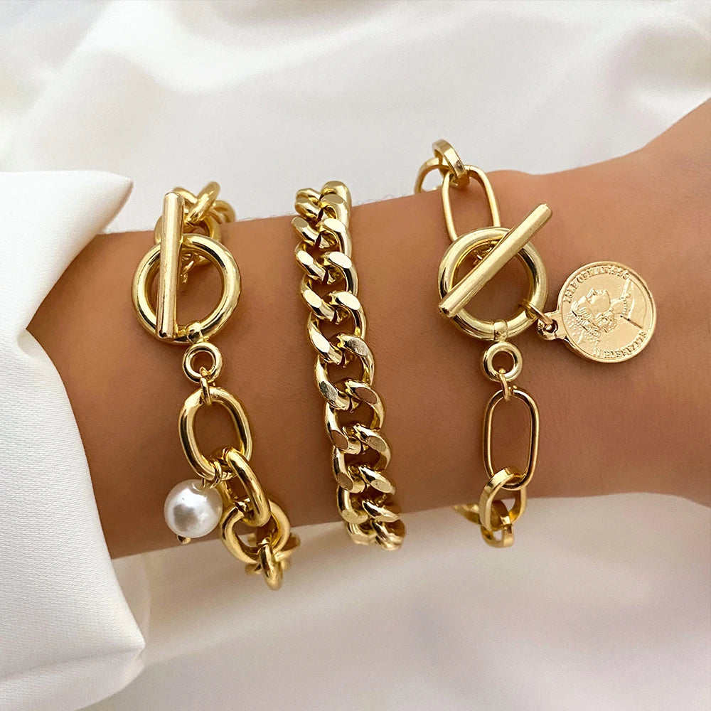 Custom Gold Vintage Punk Bangles Bracelet Set Pearl Heart Butterfly Gold Color  Chain Link Bracelet Set for Women Jewelry