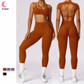 Women's 3-Piece Workout Gym Yoga Outfits Ribbed Seamless Leggings Bra with Short Sleeve Solid Color Biker Active Tracksuit