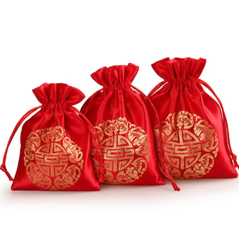 Customize Red Silk Embroidered Bags Jewelry Packaging Bag Wedding Favor Pouches Party Supply Organza Gift Bag