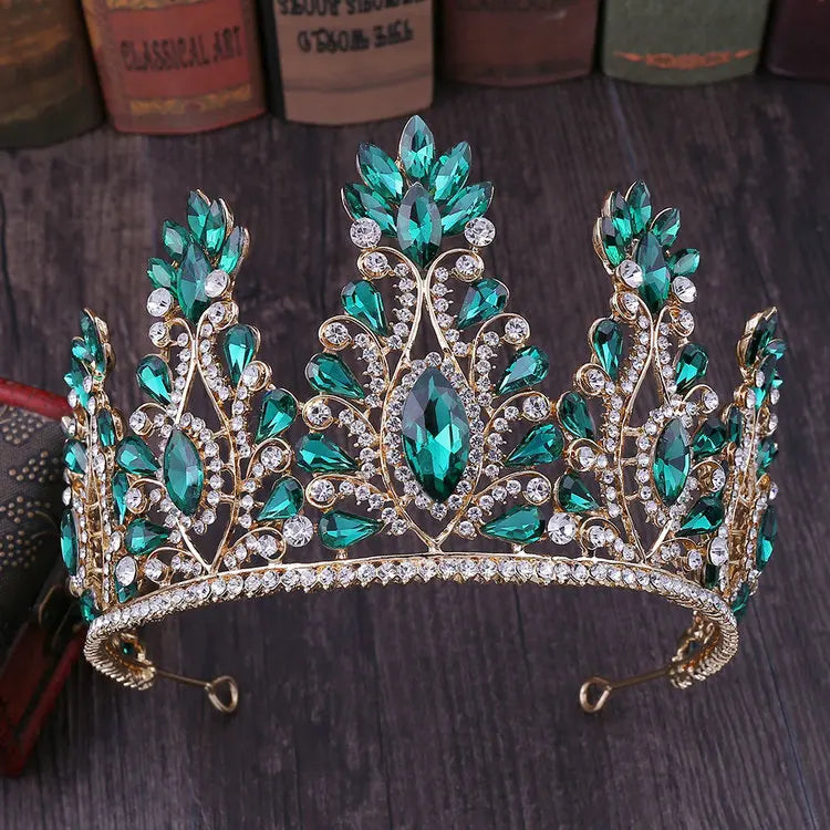 Qushine Tall Bride Crown Silver & Gold Plated Red Blue Green Rose Colors Miss World Crown Tiara for Wedding Made of Alloy