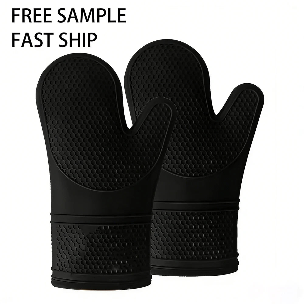 Custom Logo Heat Slip Resistant Silicone Oven Mitts Soft Thick Cotton Lining Waterproof Flexible Gloves for Hands Kitchen