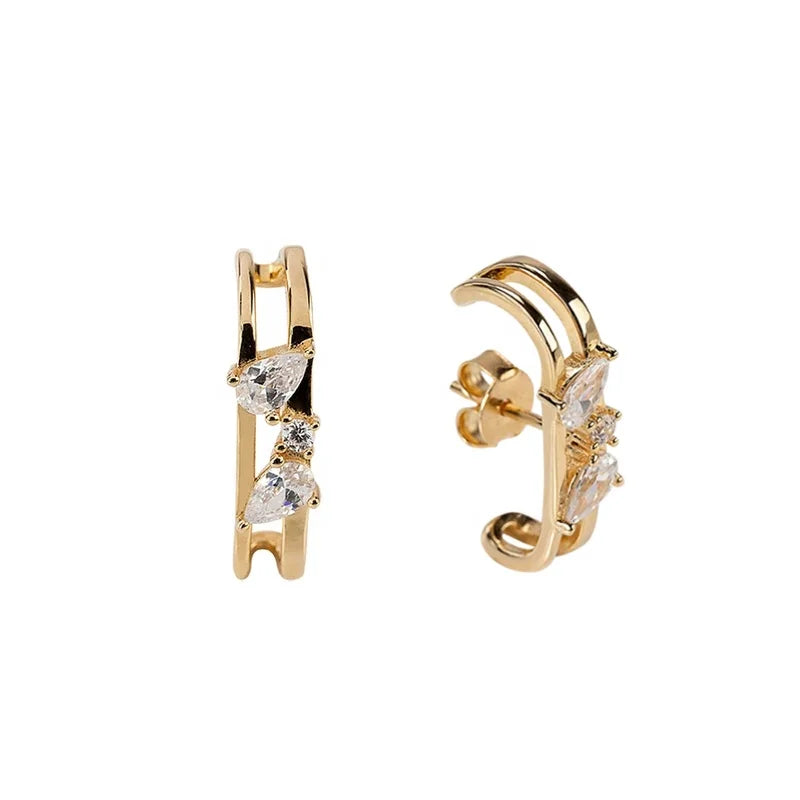 LOZRUNVE 925 Sterling Silver Gold Pave Pear CZ Stud Bar Cuff Earring