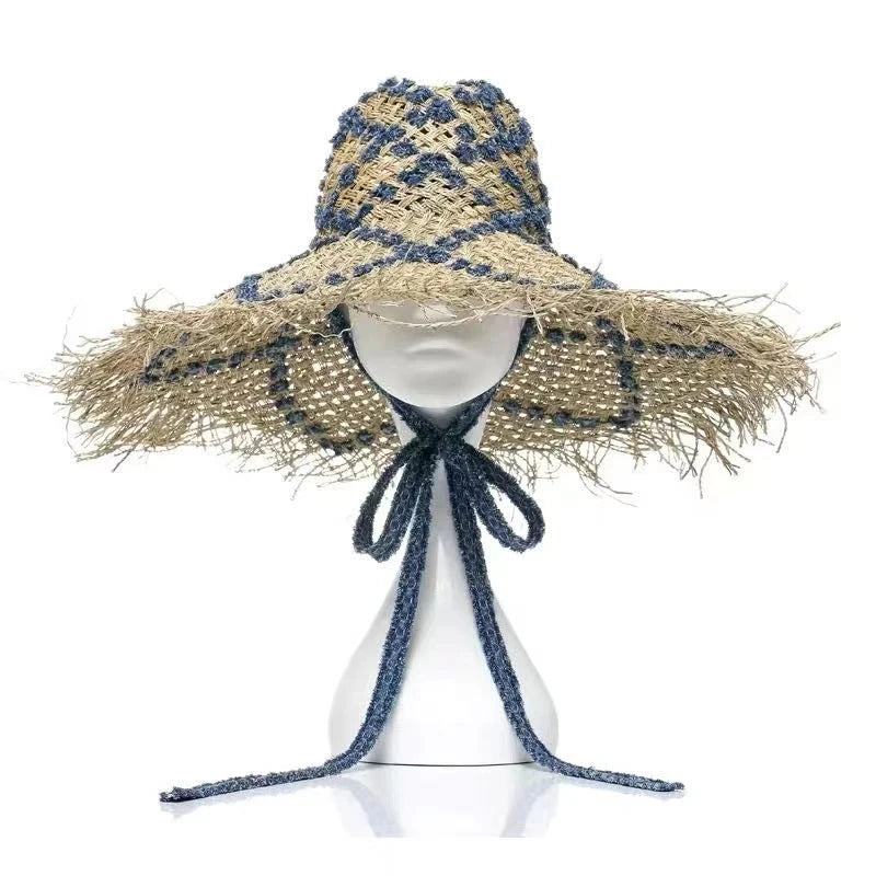 Fringed Brim Summer Hat for Women Chin Strap Beach Caps Panama Straw Sun Hats Ladies Outdoor Derby Travel Hat