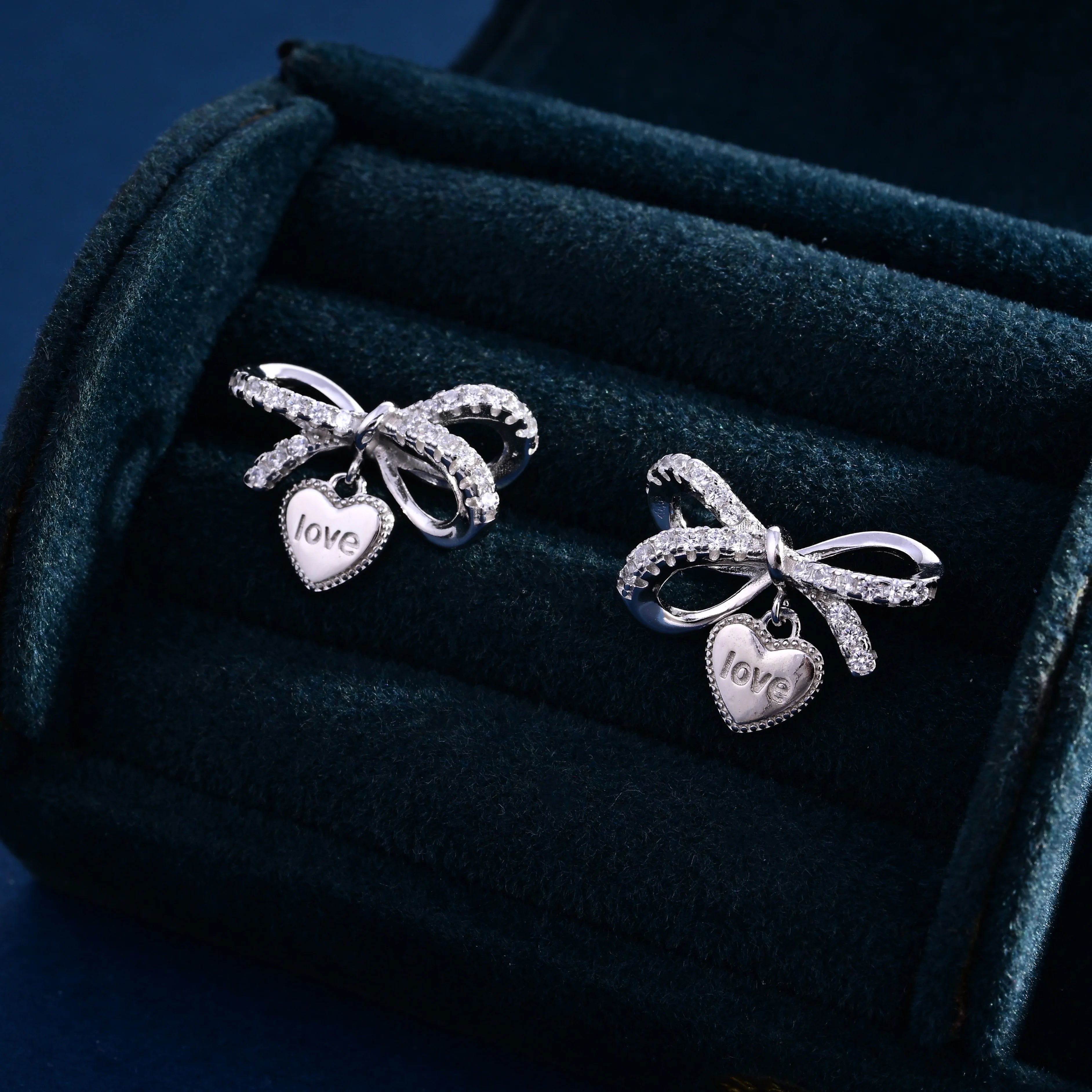 Wholesale Earrings Jewelry Rhodium Plated Cubic Zirconia Heart Bowknot Stud Earring 925 Sterling Silver Fine Jewelry Earrings