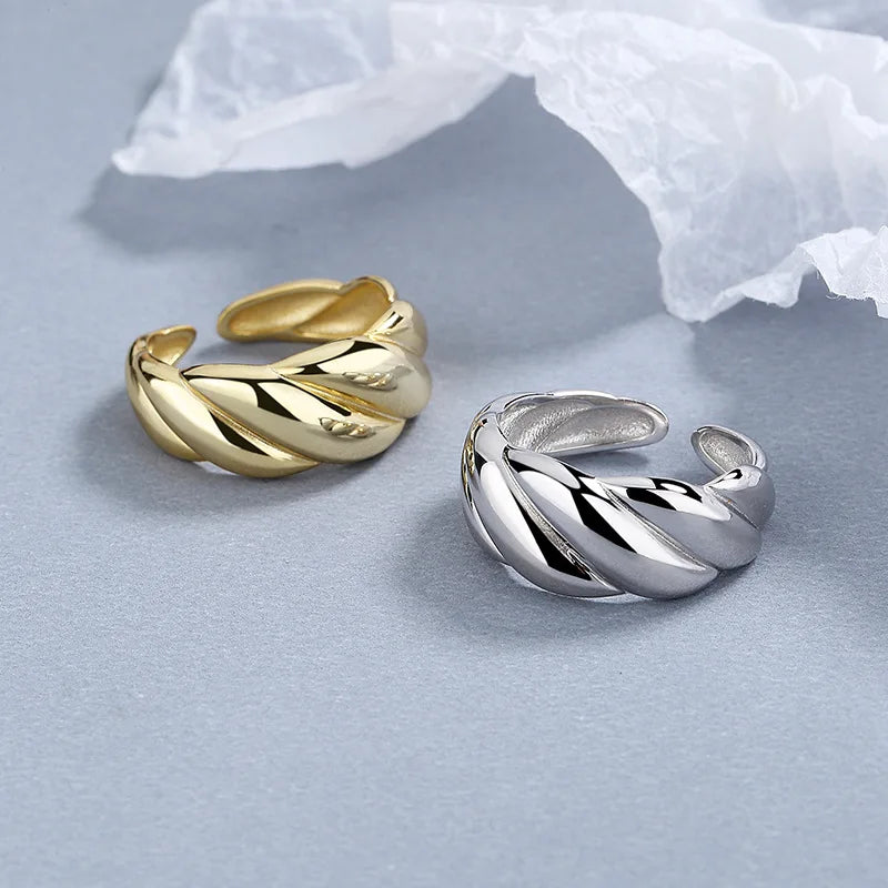 Fashion Jewelry Rings Women 925 Sterling Silver Fine Rings Heavy Twist Gold Plated Adjustable Engagement Open Ring