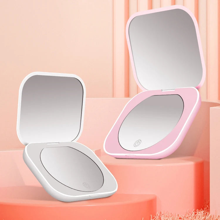 Custom Double Sided Fold Portable Mini Pocket LED Light Makeup Mirror square Compact Mirror Cosmetic for Women