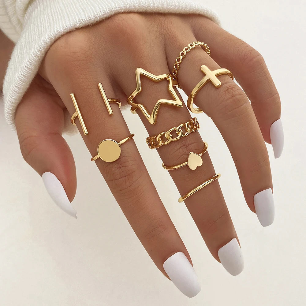 8Pcs/Set Fashion New Design Five Pointed Star Heart Cross Open Ring for Women Jewelry