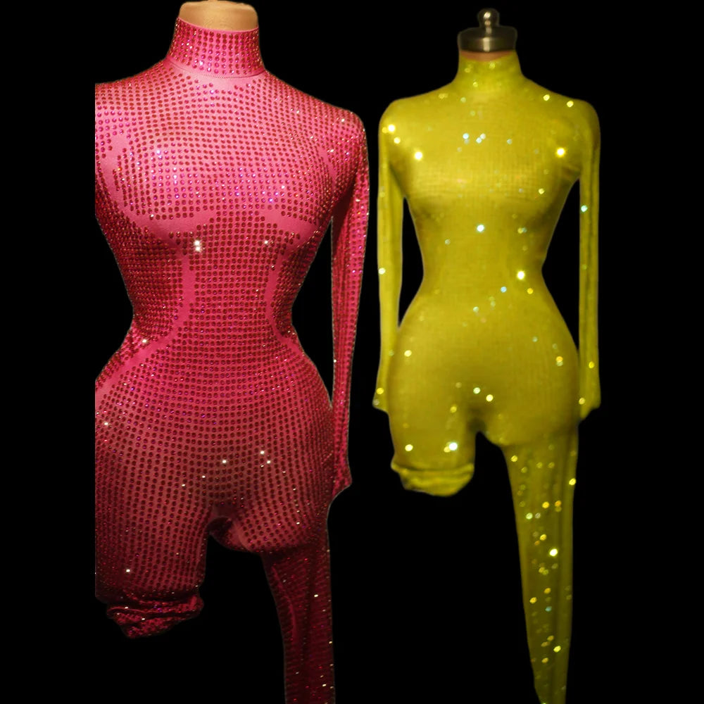 Luxury Rhinestone Long Sleeve Bodysuit Lady Music Festival Outfit Dance Performance Rompers Women Sexy Diamond Party Jumpsuits