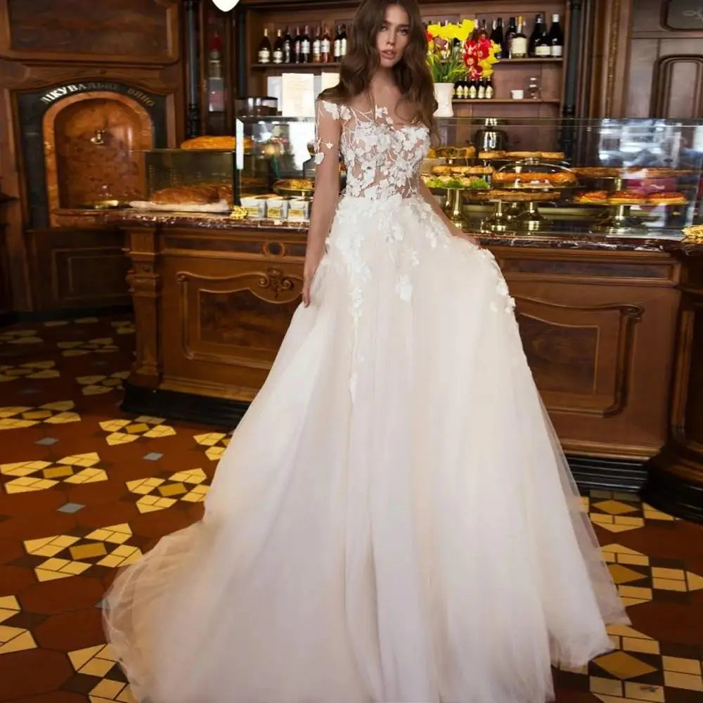 Lace a Line Wedding Dresses 3D Flowers Applique Bohemian Country Gothic Bridal Gowns Illusion Sleeve Buttons Back a Line Vestido