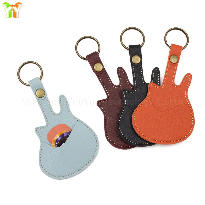 Custom Leather Guitar Pick Holder Case Creative Guitar Shape Guitar Picks Storage Bag Keychain