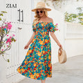 Bohemian Style Convertible Two-Way Off-The-Shoulder Waist-Cinching Floral Print Short-Sleeve Long Dress for Women