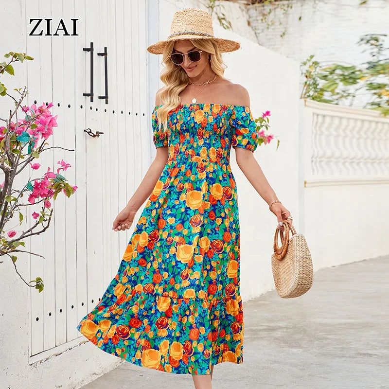 Bohemian Style Convertible Two-Way Off-The-Shoulder Waist-Cinching Floral Print Short-Sleeve Long Dress for Women