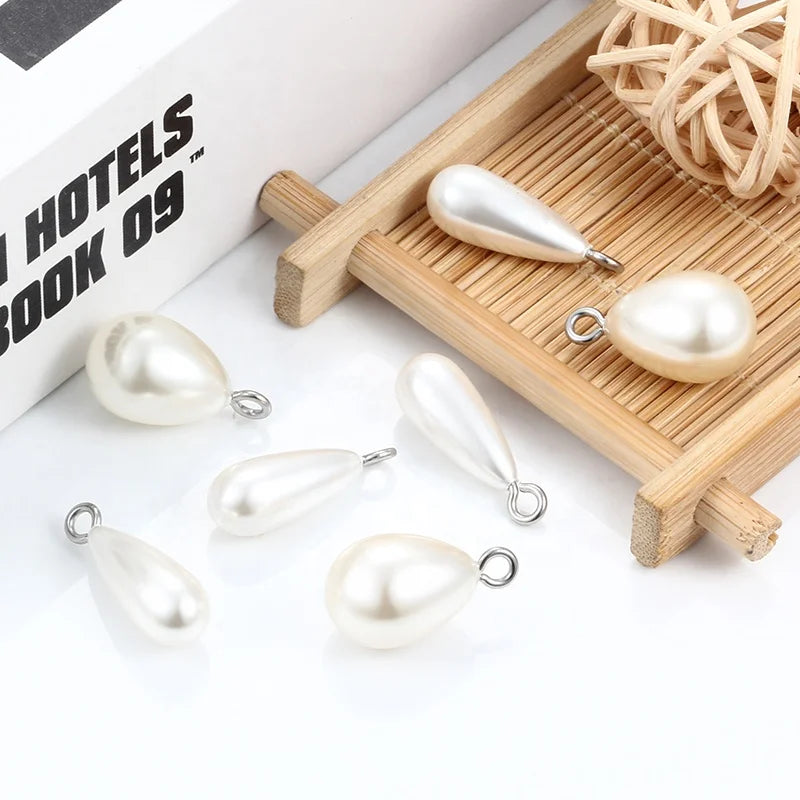 Wholesale Stainless Steel Welded Ring With White Peals Water Drop Shape Straight Hole Pearl Bead for Jewelry Making DIY Findings