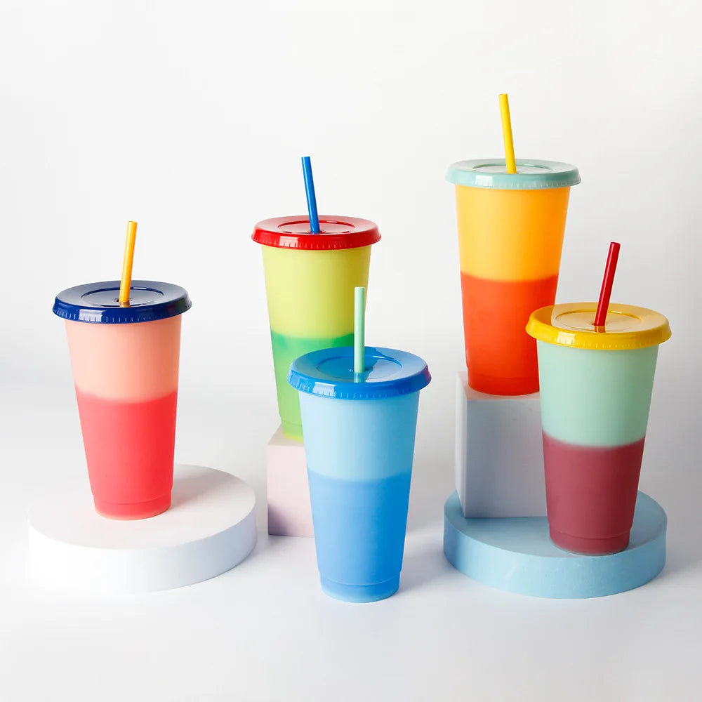 Wholesale 24oz Sustainable Plastic Straw Cup Hot Cold Temperature Sensitive Color Changing Cup With Lid and Straw