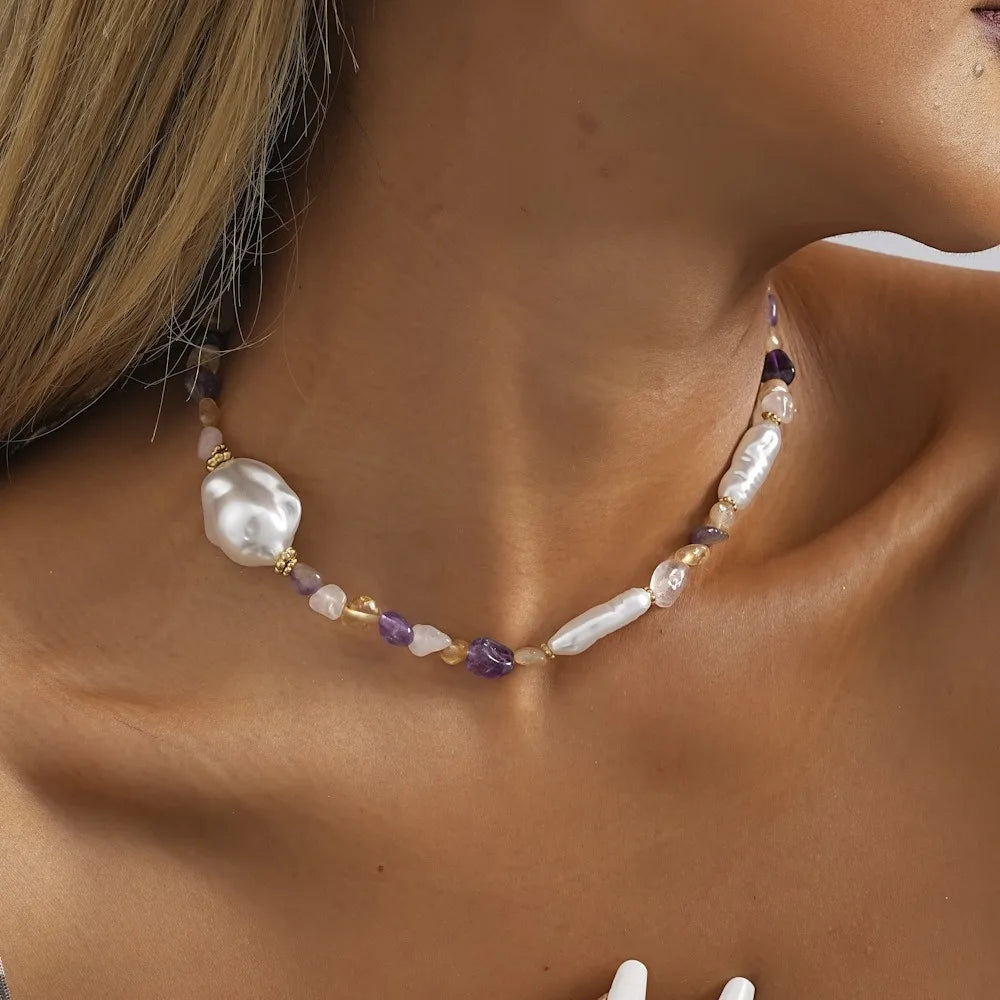 Fashionable Healing Stone Necklace Natural Irregular Amethyst Beaded Clavicle Necklace Baroque Pearl Charm Jewelry for Women