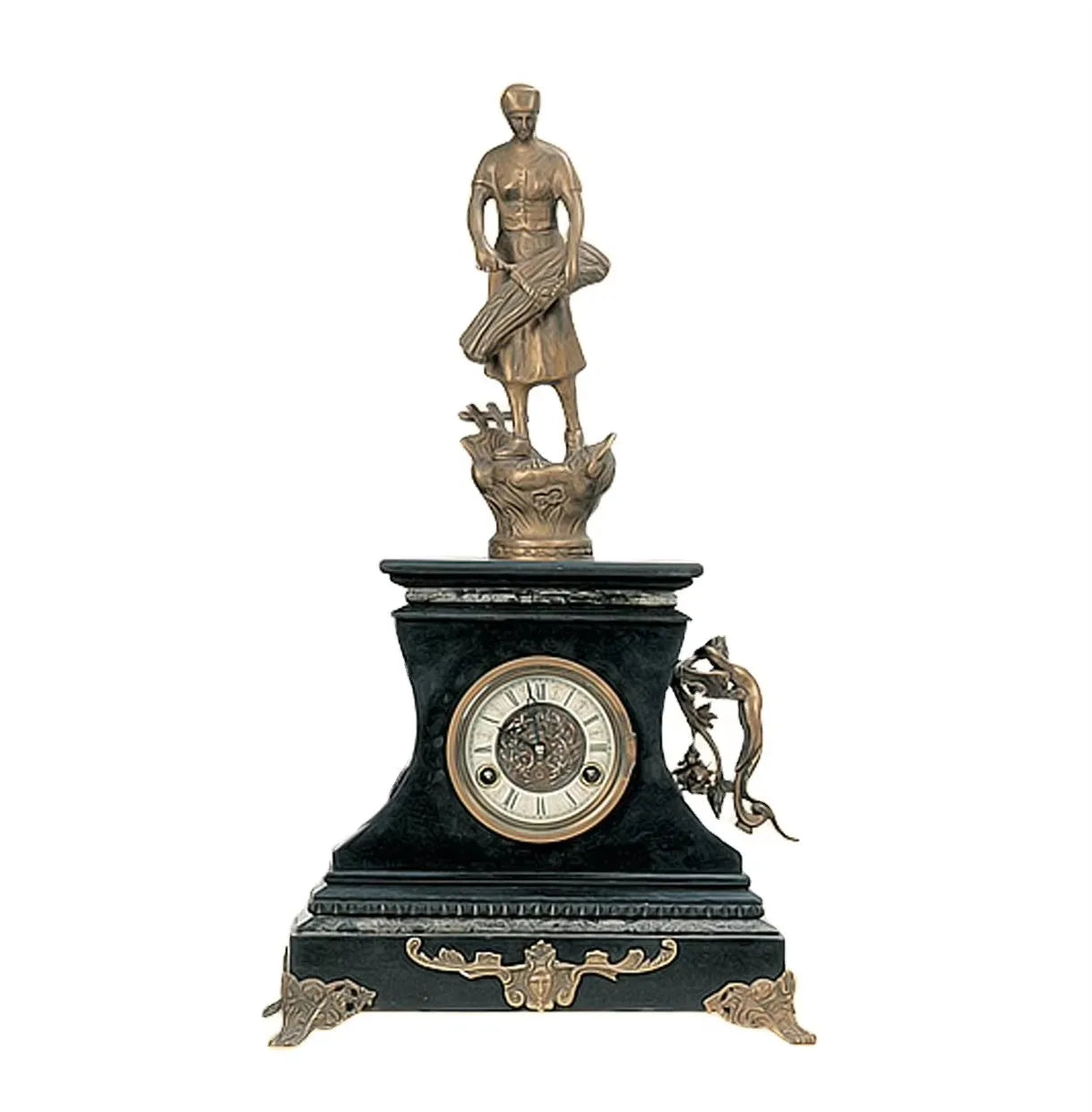 Antique Brass Figure of Farmer Engraved Brass Dial Mechanical Mantel & Marble 10 Days Repeater Mechanism Striking Clock
