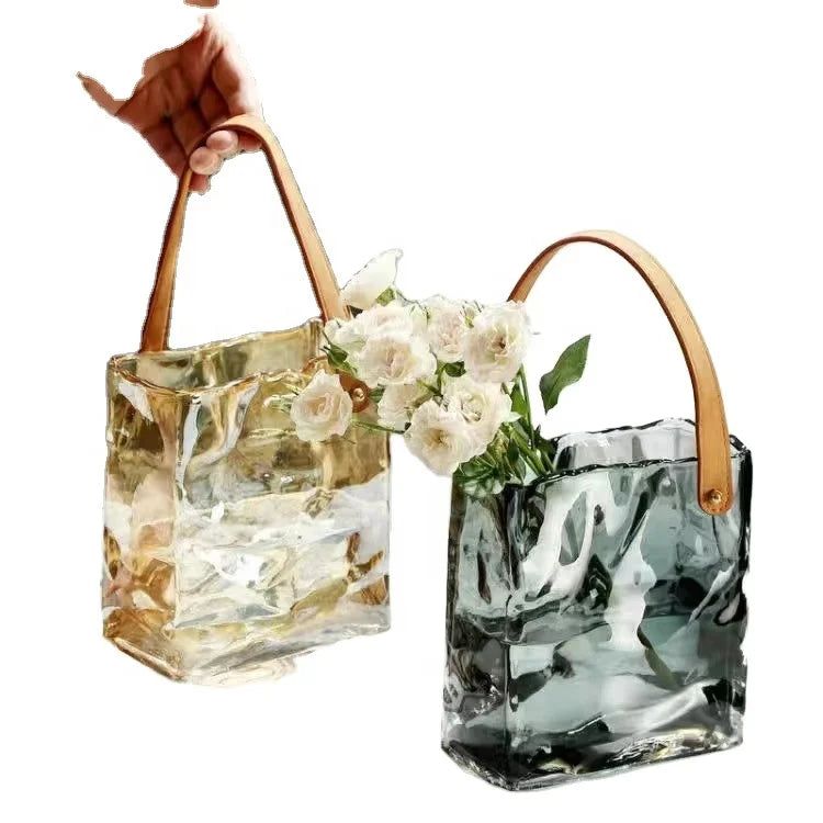 Modern Wedding Glass Vase Rectangular Terrarium with Belt Handle Durable Eco-Friendly Tabletop Vase