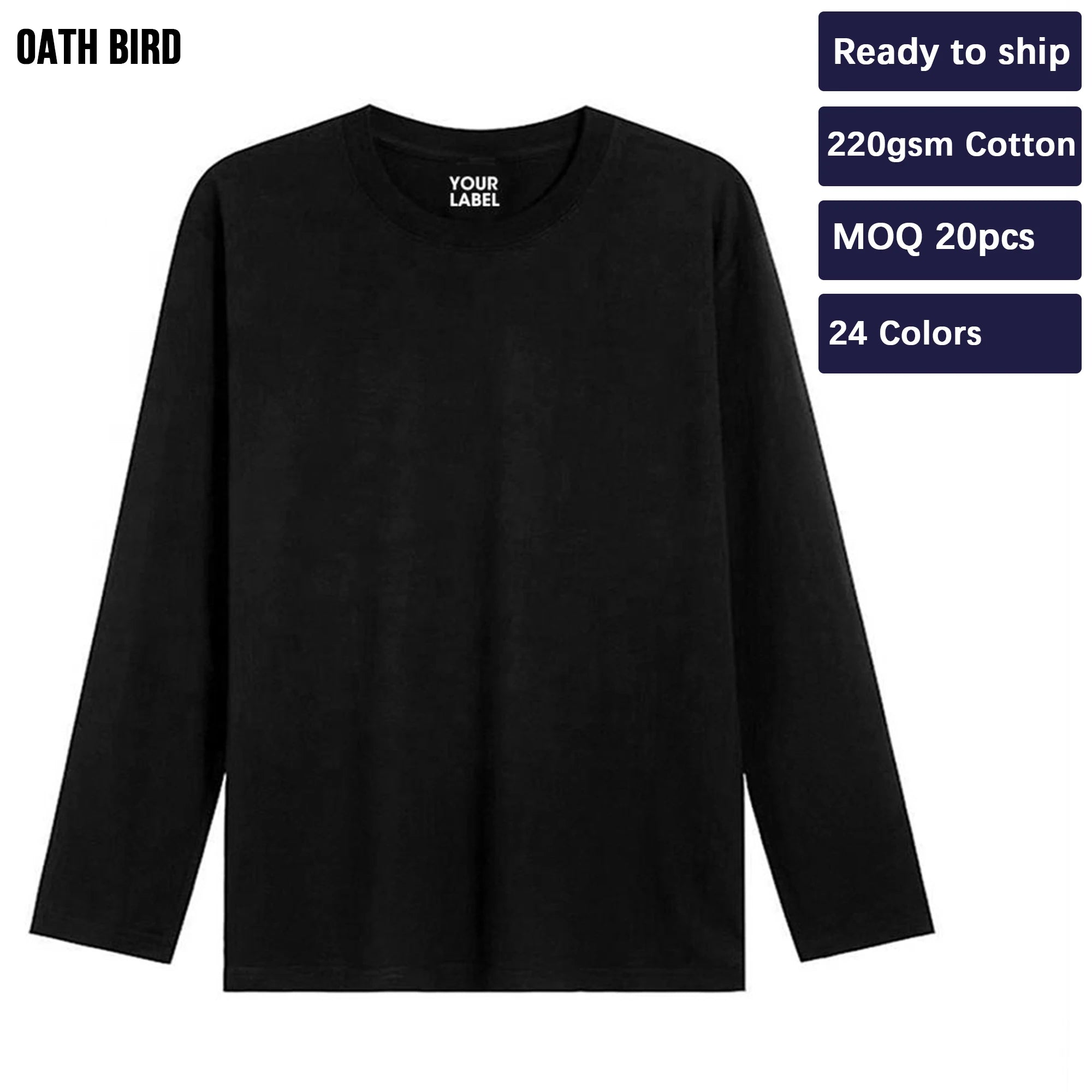 Premium 220gsm 100% Cotton Heavyweight Long Sleeve Tshirt Custom Embroidery Screen Printing Logo Tee Crew Neck Men's T Shirt