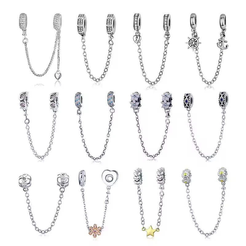 DIY Making Jewelry 925 Sterling Silver Zircon Safety Chain Link Charm Beads