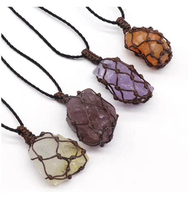 Natural Crystal Stone Diy Jewelry Charms Handmade Retro Net Healing Irregular Antique Silver Plated Rope Chain Pendant Necklace
