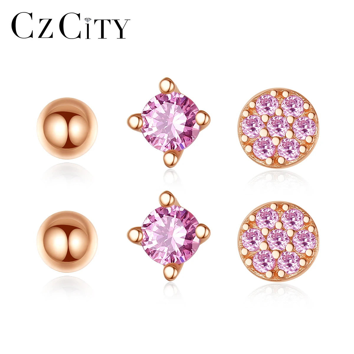 3 Pairs Rose Gold & S925 Sterling Silver Cute Minimalist Earrings for Women Girls CZ Round Stud Earrings Jewelry