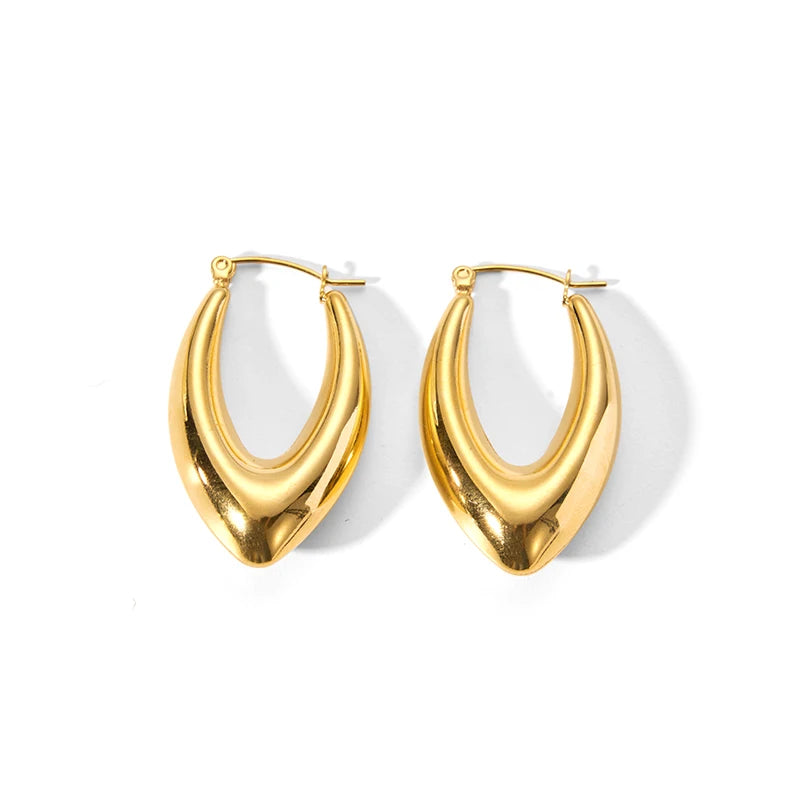 PVD Plated Stainless Steel Hoop Earrings Dainty CC Shape Hollow V Drop Trendy Geometric Design Waterproof for 1-2 Years Fashion
