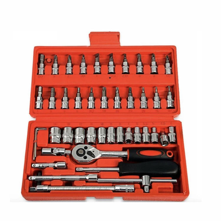 46 Pcs Manual Machine Car Repair Combination Tool Sets 1/4" Auto Socket Wrench&Screwdriver Bits Kits