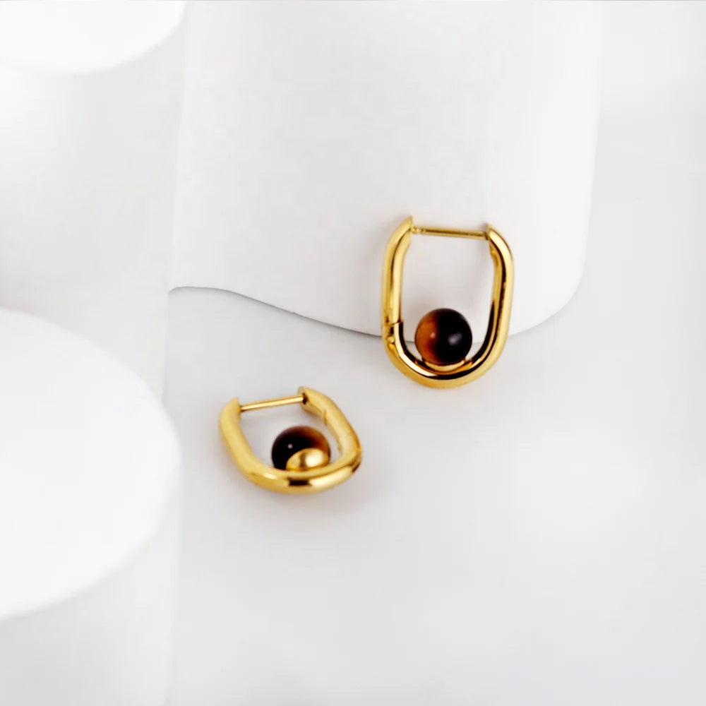Vintage Jewelry Tiger Eye U-shaped Vermeil Hoop Earrings Waterproof 18k Gold Plated Stainless Steel Hoop Earring for Women