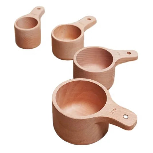 Japanese Style Eco-Friendly 4-Piece Set of Carved Beech Acacia Wood Measuring Cups Baking Bowls