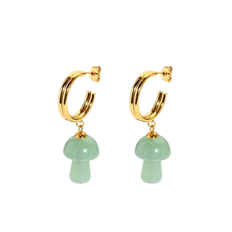 Tarnish Free 18K Stainless Steel Gold Plated New Jade Mushroom Natural Stones Trendy Drop Earrings for Women Anniversary