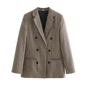 European and American Style Women's Thin Plaid Double-breasted Suit Jacket with Nylon Lining Windproof Autumn Top 5 Colors