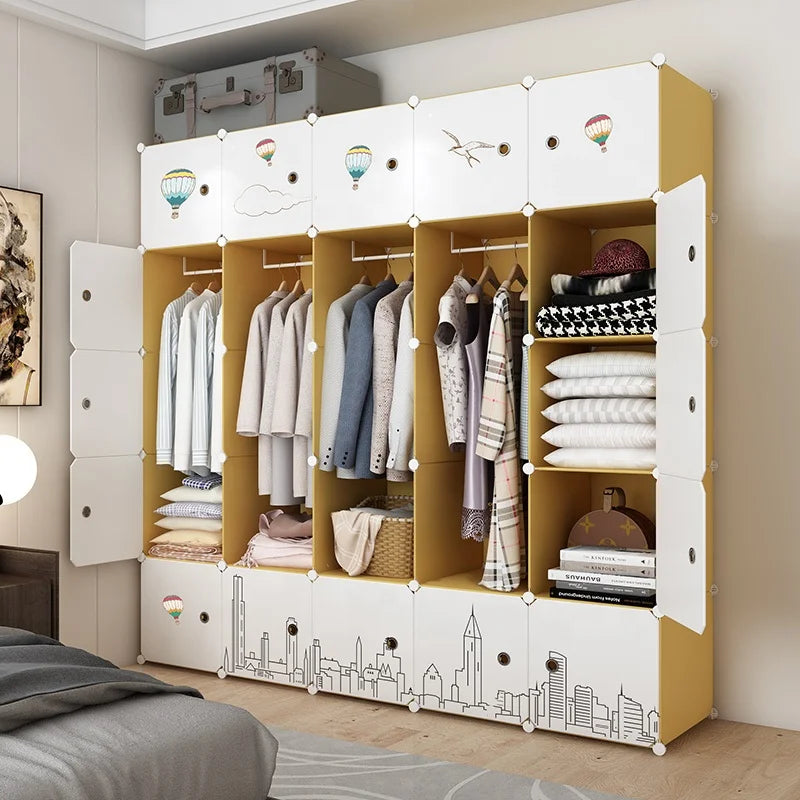Multi-Purpose Modern Extendable PP Plastic Foldable Portable Bedroom Wardrobe with Yellow White Door