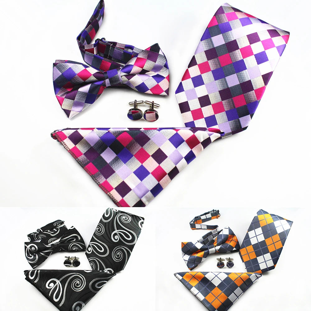 4pcs/Set Men Tie Plaid Necktie With Matching Bowtie Pocket Square Cufflinks Bow Tie Handkerchief Set
