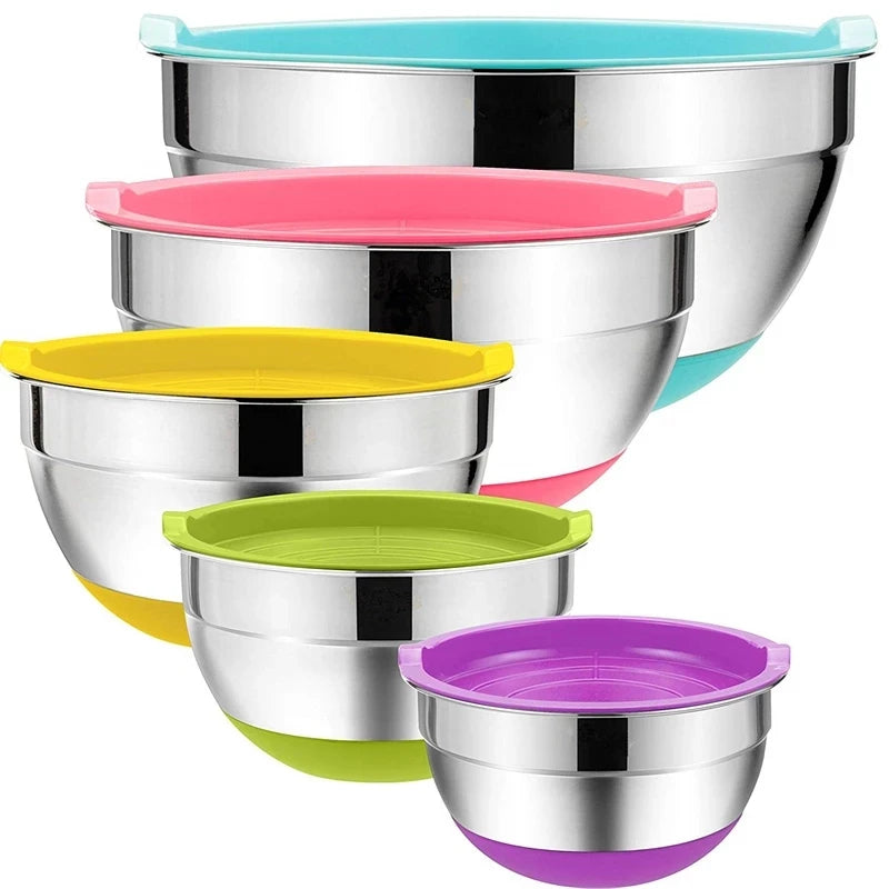 Custom Wholesale Metal Bowl Kitchen Baking Food Serving Bowls Nesting Color Stainless Steel Mixing Bowl Set With Airtight Lids