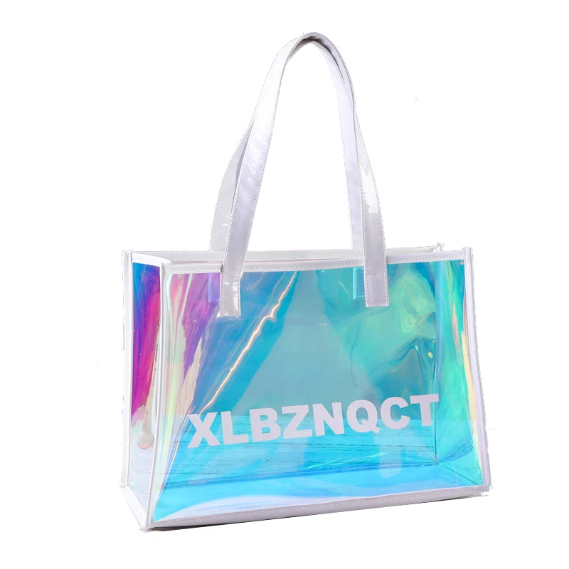 Large Capacity Eco-Friendly PVC Cosmetic Bag with Open Closure Portable Holographic Logo Design