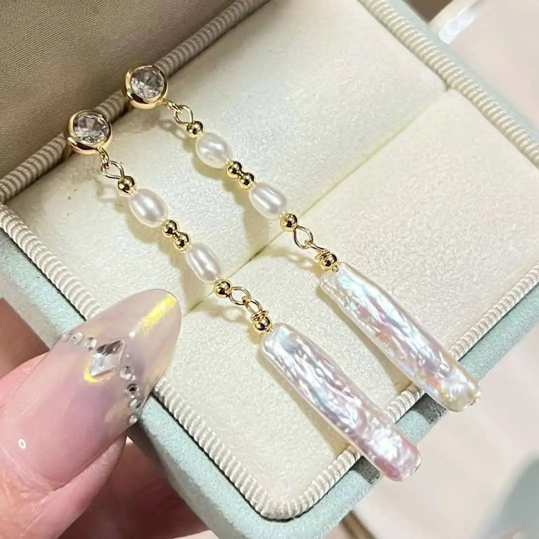 Gold Plated Brass Baroque & Rice Shape White Freshwater Pearl Earrings AAAA Grade Women's Jewelry for Wedding Engagement