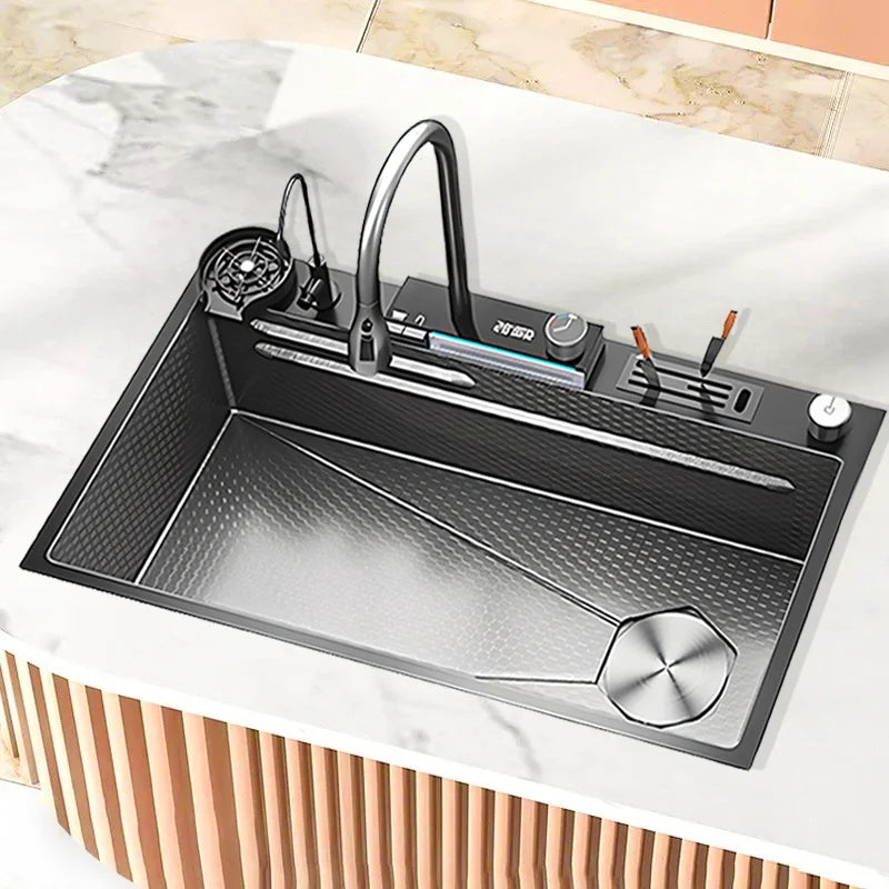 9050 Modern Digital Black Large Kitchen Sink with Waterfall Double Faucet Knife Rack Plate and Cup Washer for Hotel Kitchen