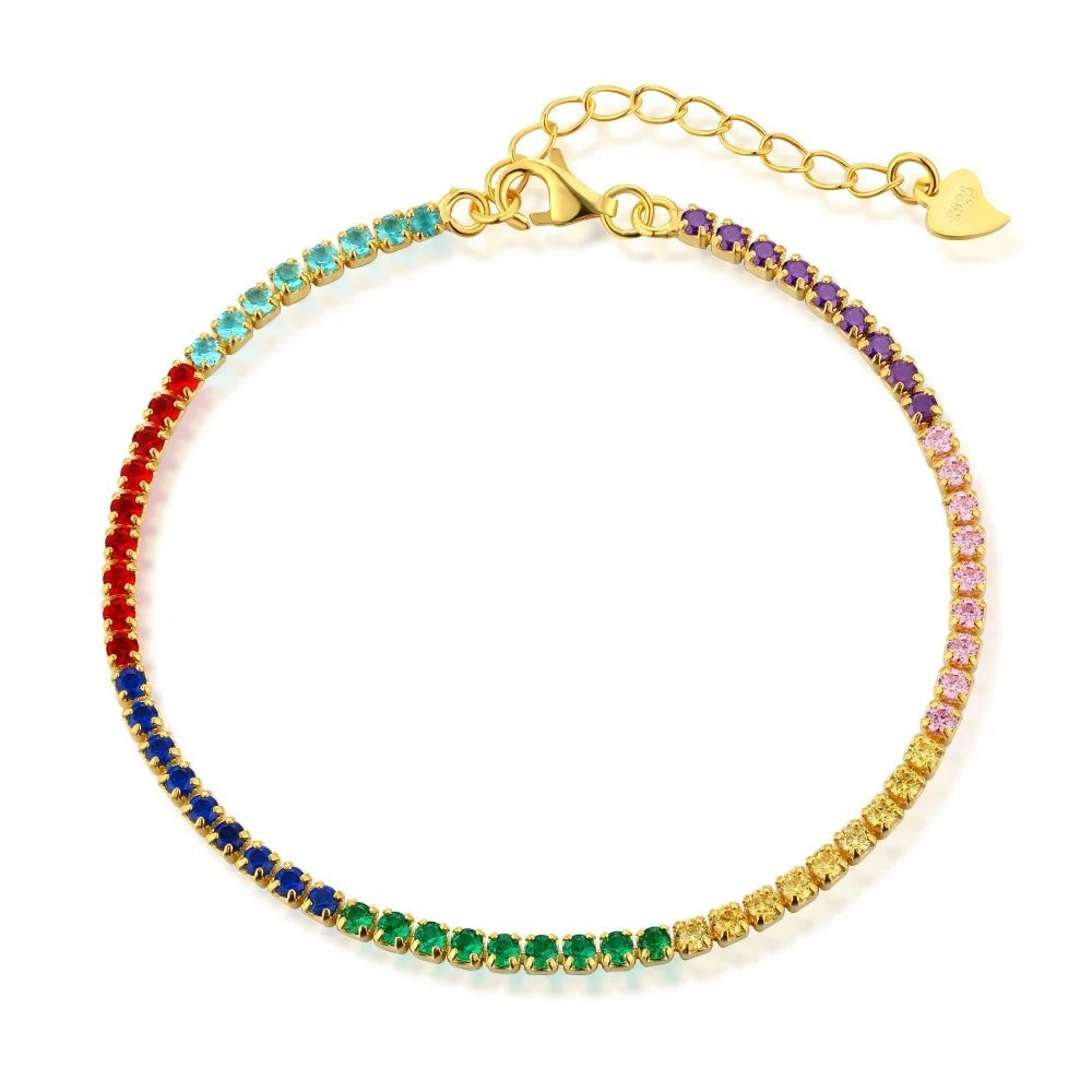 Ice Bling Design 925 Sterling Silver Gold Plated Round Brilliant Cut Colorful Zircon Charm Tennis Chain Bracelet Women