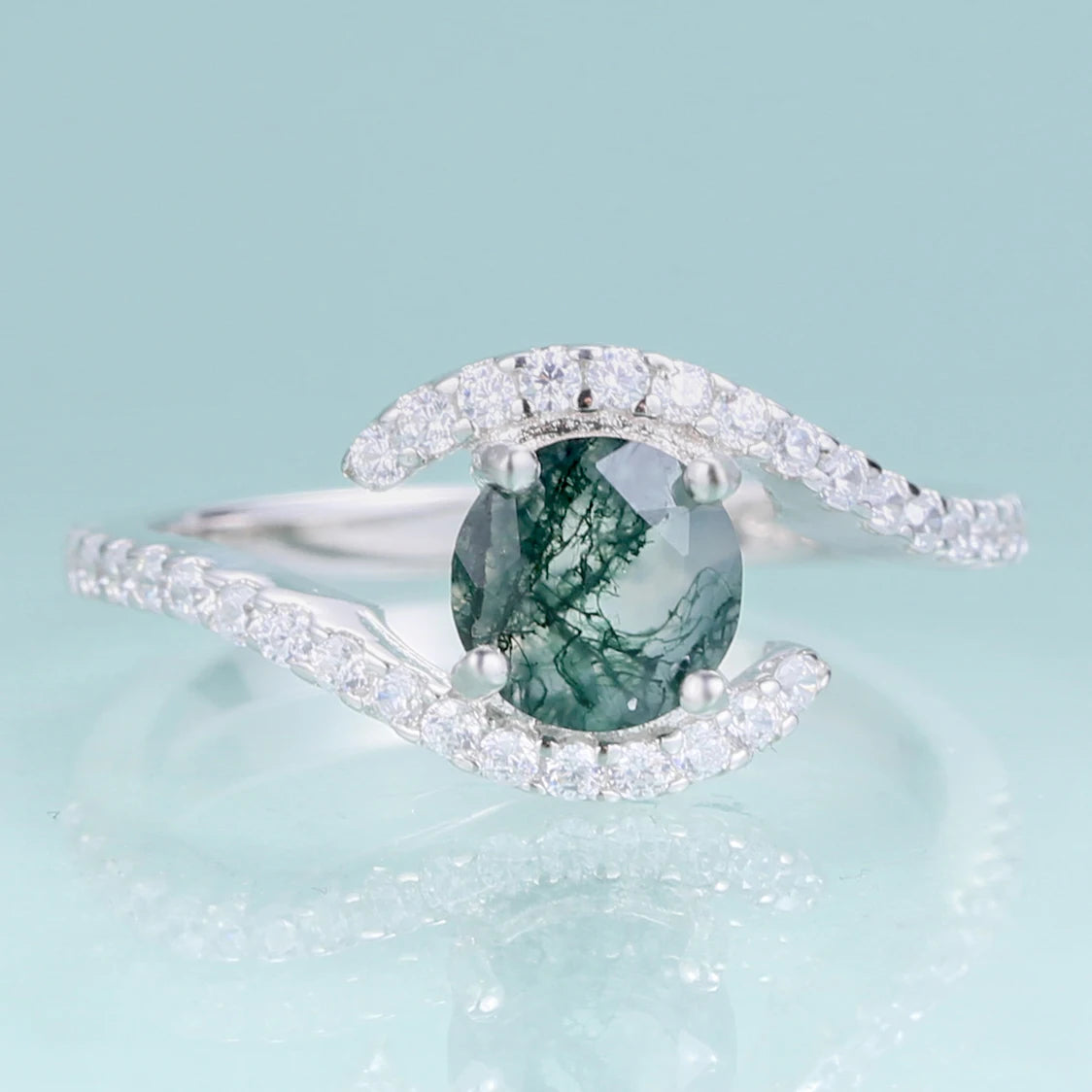 C2260 Eco-Friendly Production 925 Sterling Silver Round Cut Natural Gemstone Fine Moss Agate Wedding Ring