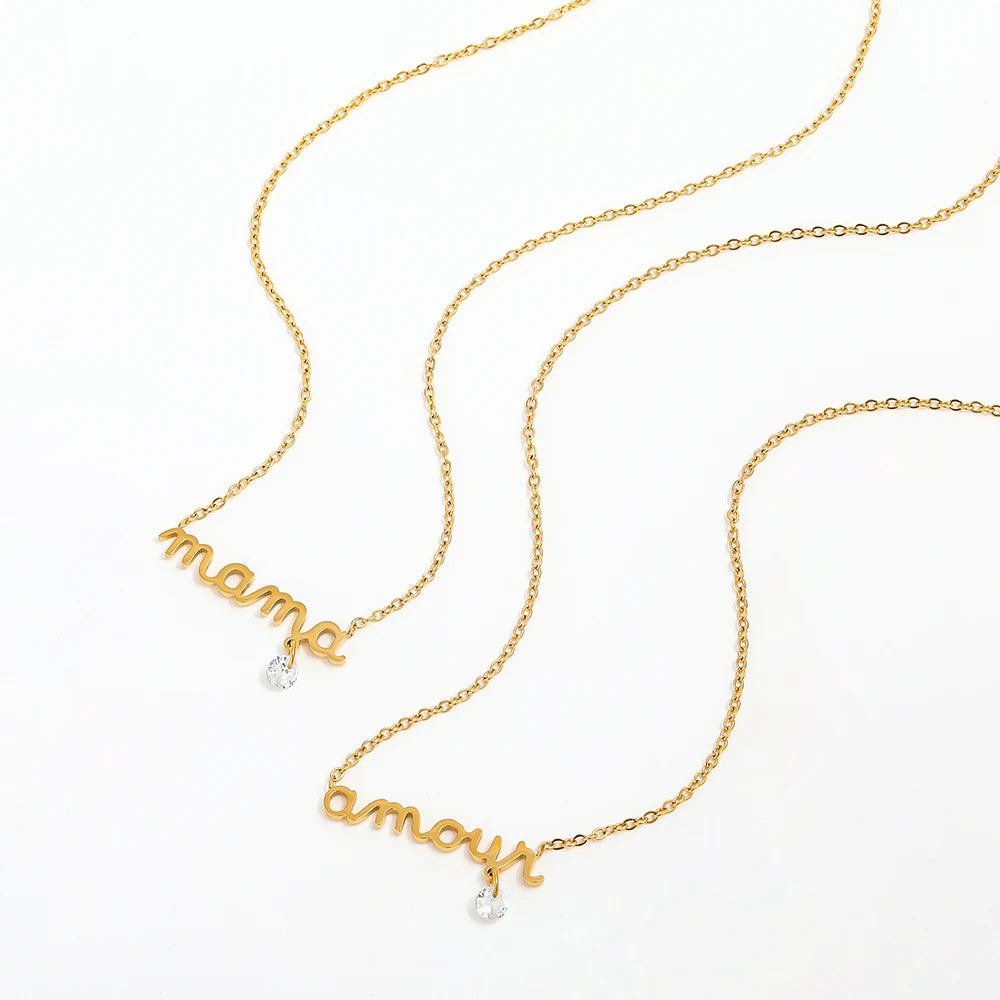 Joolim Jewelry 18K Gold Plated Stainless Steel Mama Amour Letter Pendant with Zirconia Dainty Chain Necklace for Fashion & Gifts