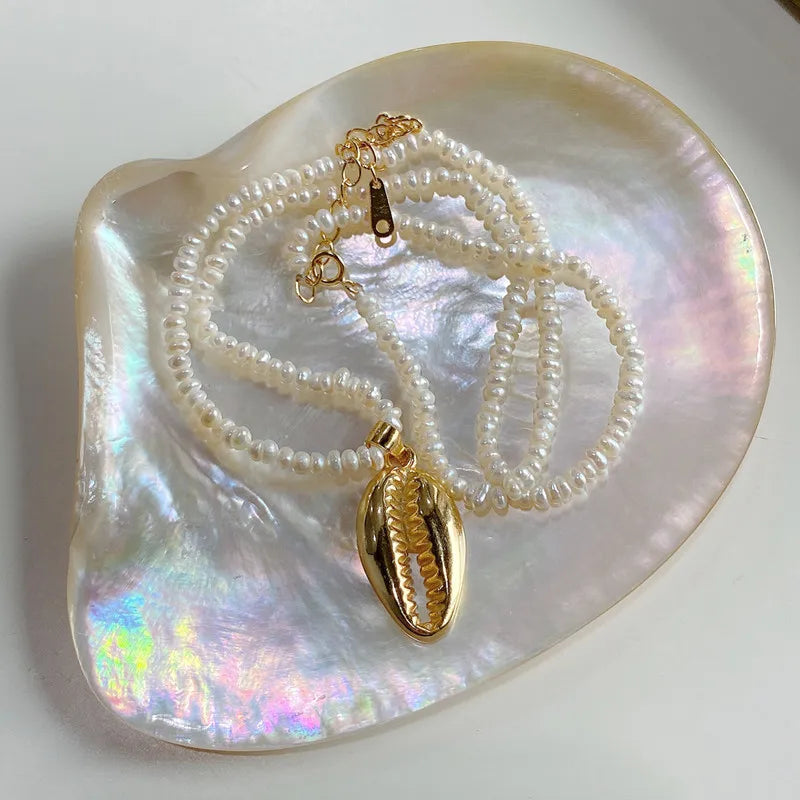 Trendy 18K Gold Plated Seashell Pendant with 925 Sterling Silver Pearl Chain Necklaces for Women