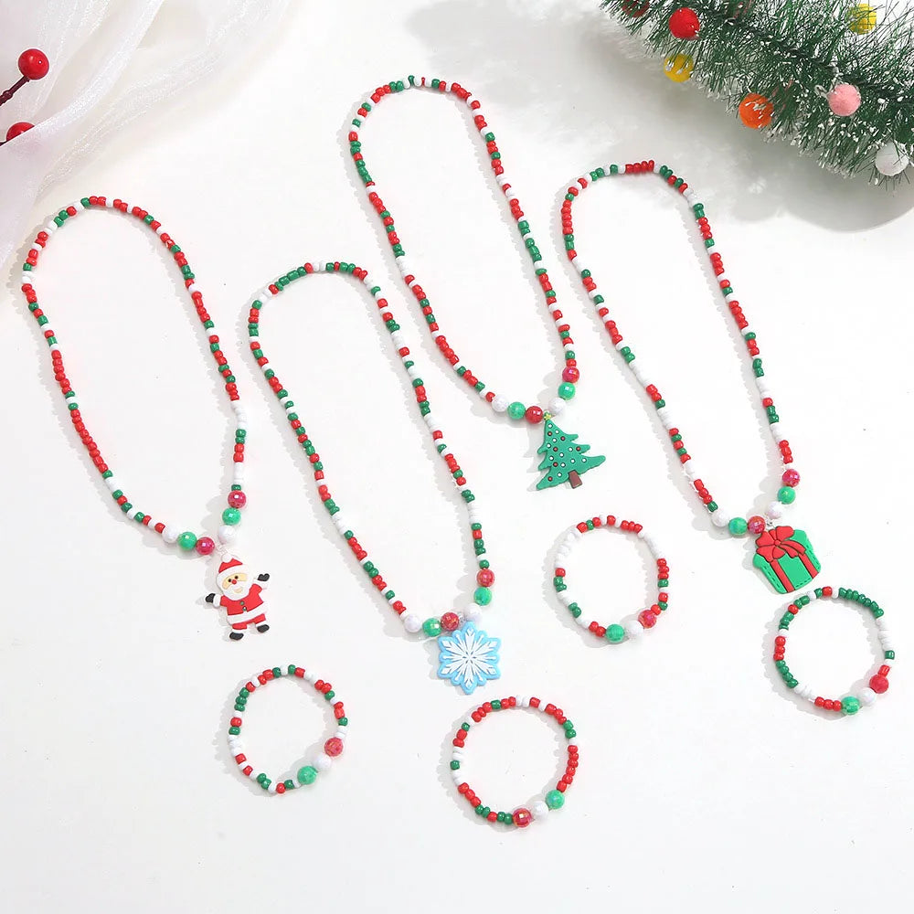Cute Christmas Pendant Necklace Bracelet Sets for Kids Little Girls Teen Jewelry featuring Tree Bell Santa Claus Gifts Parties