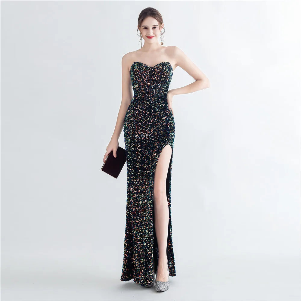 31155# New Magic Beads After Tied Rope Corset Type Side Slit With Chest Fish Bone Evening Dress