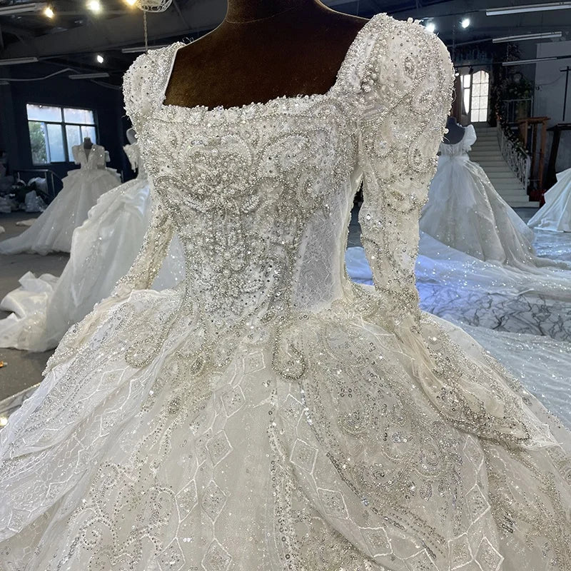 Jancember MN116 Long Sleeve Royal Train Square Collar Sequined Wedding Ball Gown Dress