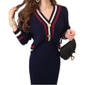 Wholesale 2023 Autumn New Temperament High Waist Mid-Length Sets V-Neck Bordered Contrast Color Knitted Cardigan Sweater Print