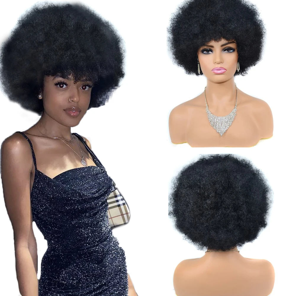 High Puff Afro Kinky Curly Short Wigs With Bang Black Ombre Synthetic Hair Wigs for Black Women Fluffy Soft Natural Looking Wig